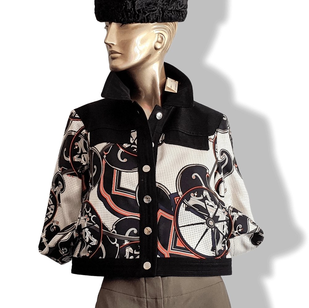 Hermes Women's B/W OUTDOOR Printed Silk and Black Cotton Jeans Short Jacket Sz40, Retail $3300, NWT! - poupishop