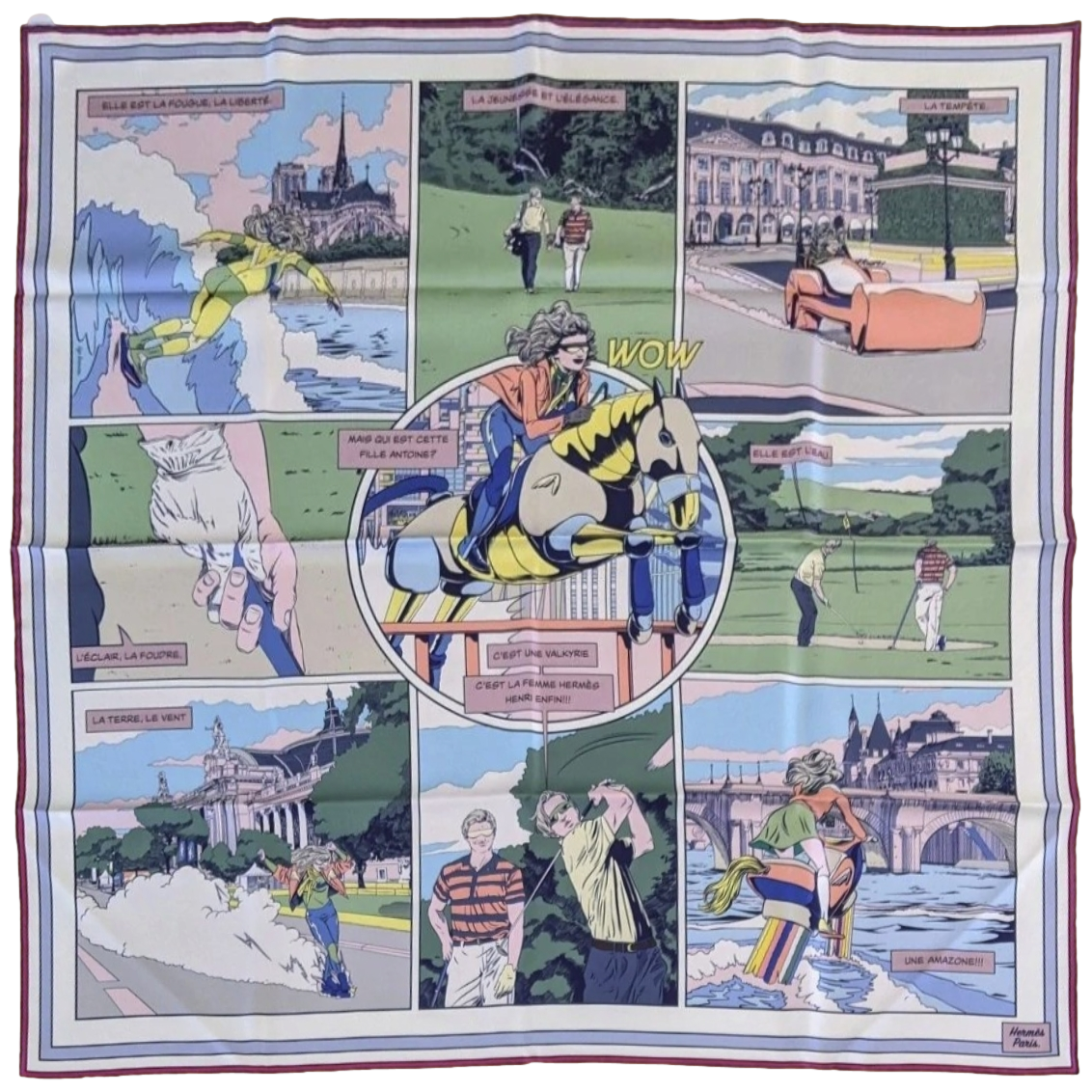 Produits Hermes [AC11] Blanc/Vert/Rose CARRE DOUBLE FACE WOW Twill Scarf 90cm