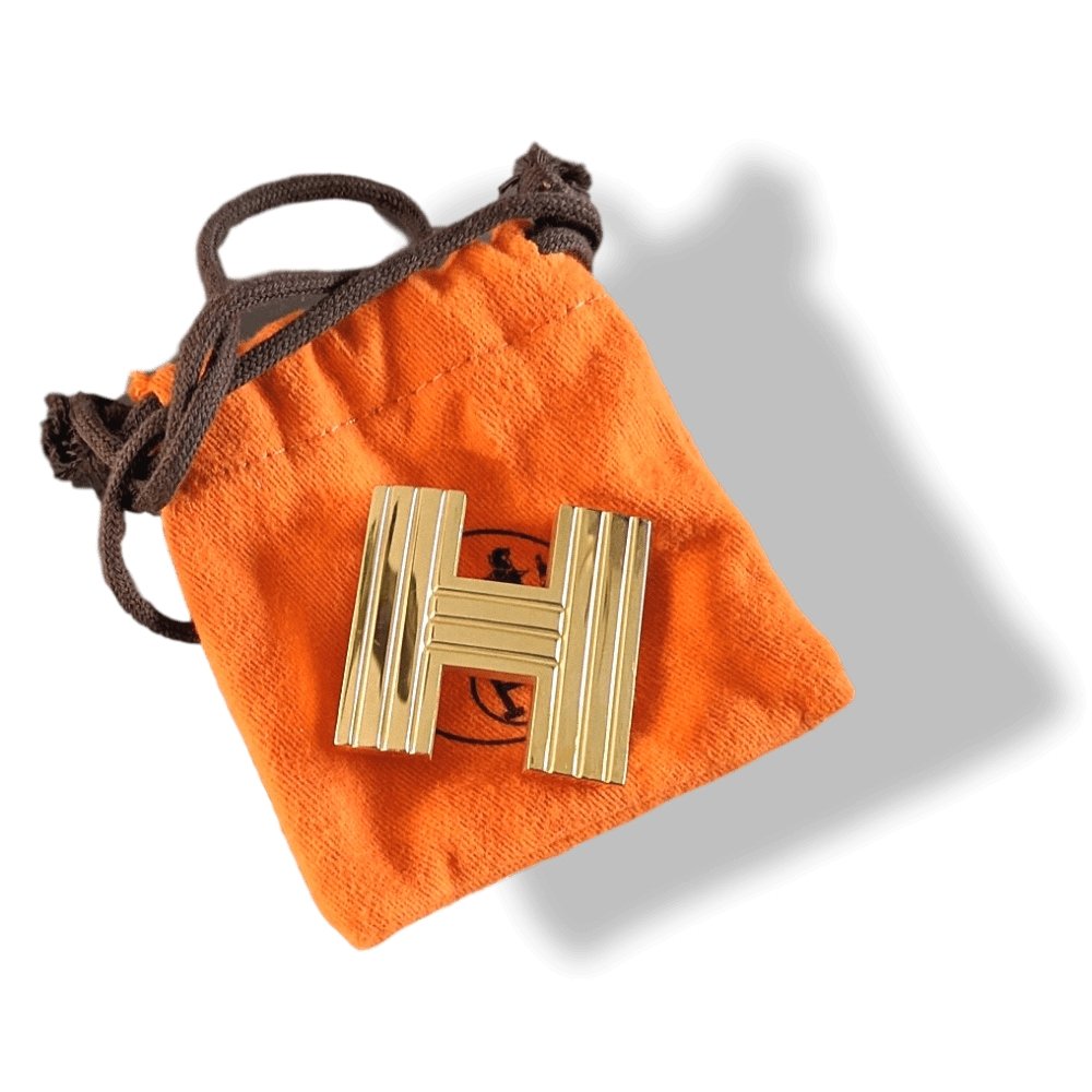Hermes Yellow Plated Gold H STRIEE Belt Buckle 32 mm, Orange Pochette! - poupishop