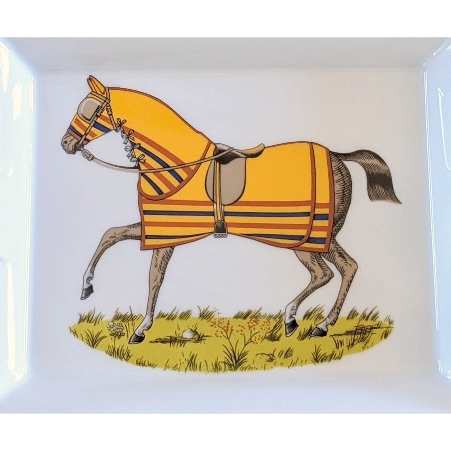 Hermes Yellow Sun CHEVAUX A LA COUVERTURE 2 Limoges Porcelain Cigar Ashtray GM, BNIB! - poupishop