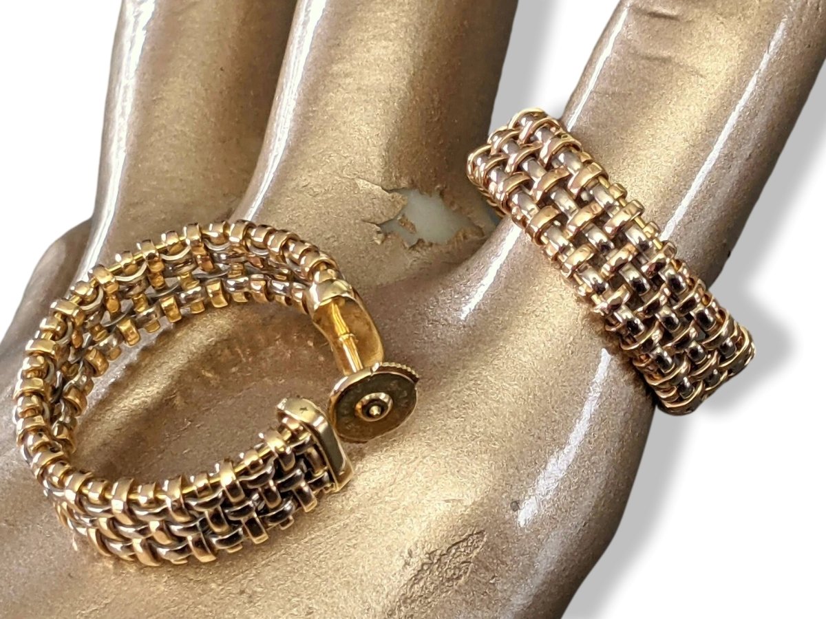 Hermes Yellow/Pink/White Gold 750 CREOLE Cordage Pierced Earrrings, Superb! - poupishop