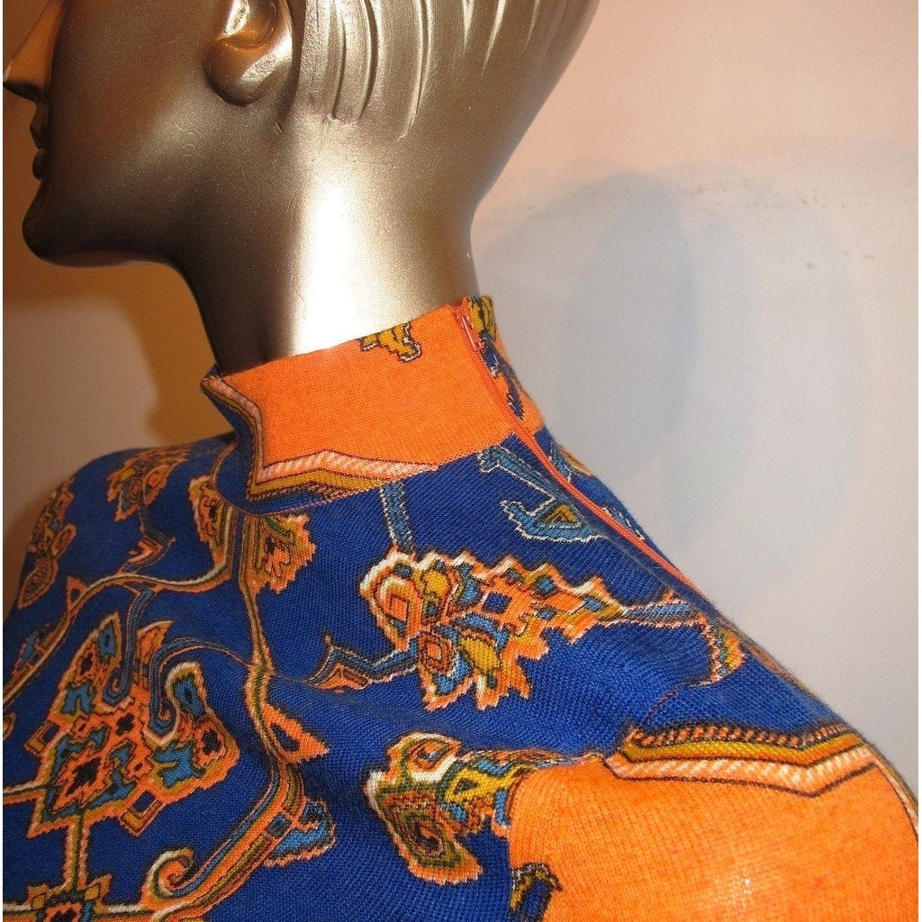 Leonard Couture 1960s-1970s Orange/Blue Woolen Dress SzS - poupishop