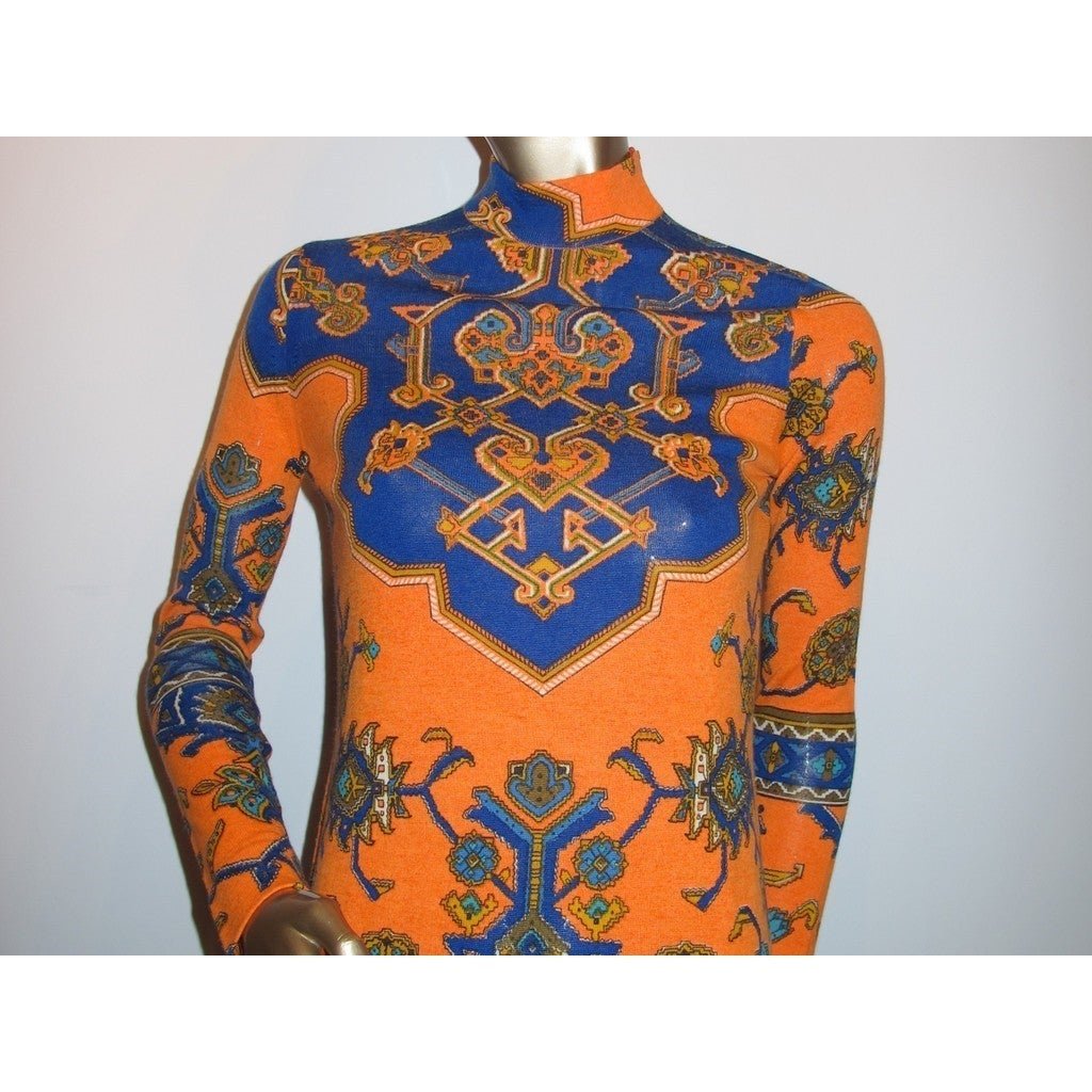 Leonard Couture 1960s-1970s Orange/Blue Woolen Dress SzS - poupishop