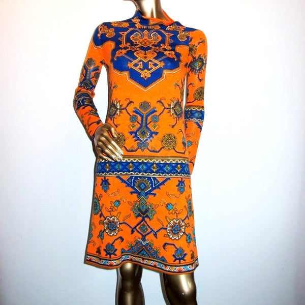 Leonard Couture 1960s-1970s Orange/Blue Woolen Dress SzS - poupishop