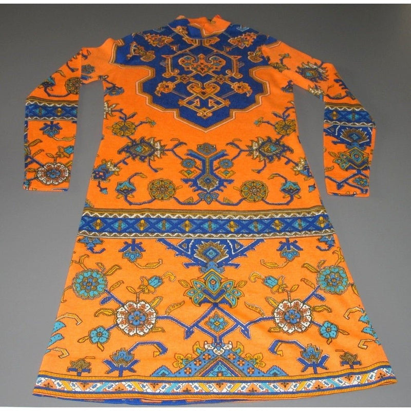 Leonard Couture 1960s-1970s Orange/Blue Woolen Dress SzS - poupishop