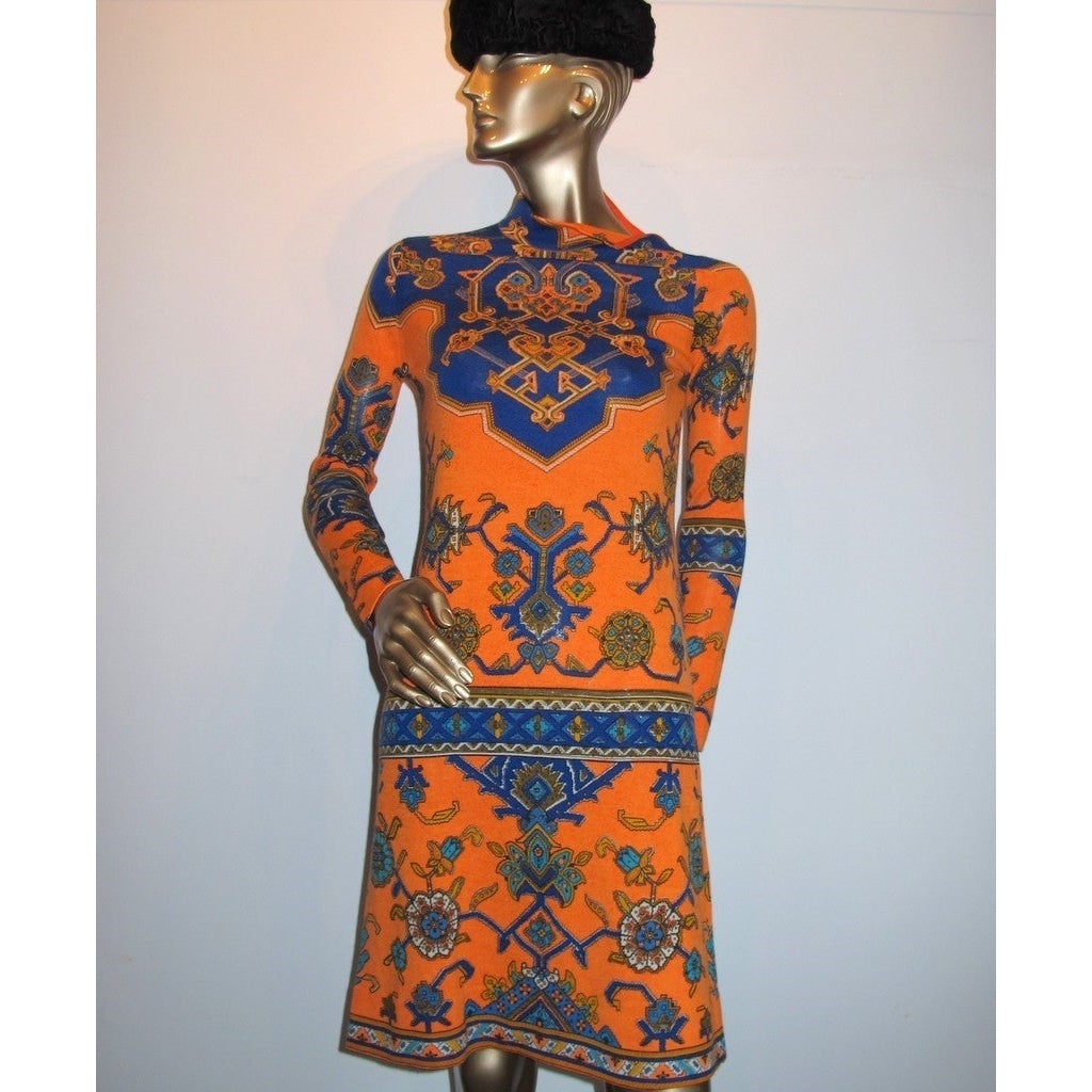 Leonard Couture 1960s-1970s Orange/Blue Woolen Dress SzS - poupishop
