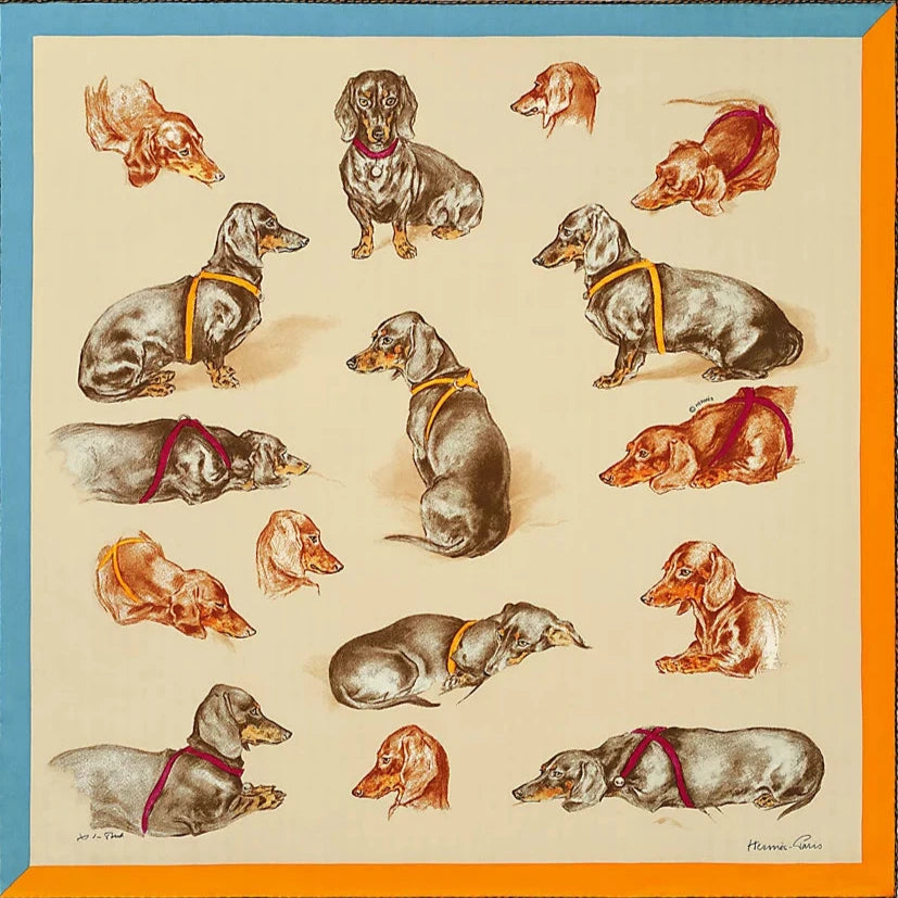 HERMES Beige/Sepia/Orange Teckel " Les Bassets " by Xavier de Poret Printed Silk 70cm, BNWTIB!