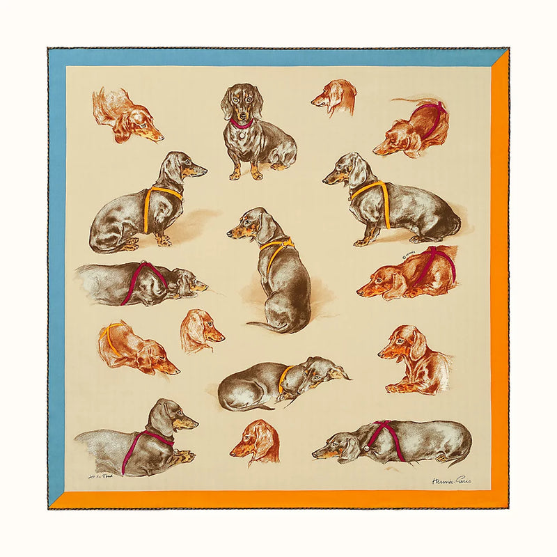 Hermes Beige/Sepia/Orange Teckel " Les Bassets " by Xavier de Poret Printed Silk 70cm, BNWTIB!