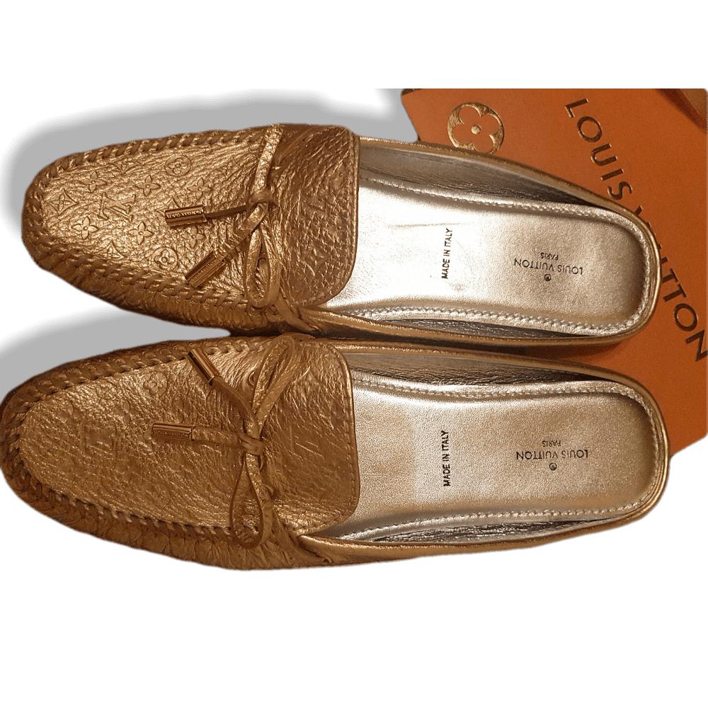 Louis Vuitton Gold Calfskin Gloria Monogram Women Mules, New! - poupishop