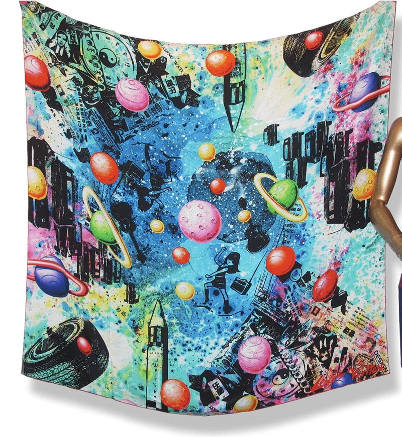 Louis Vuitton & Kenny Scharf 2014 Pop Cosmic Limited Artist Scarf Crepe of Silk Shawl 140 - poupishop