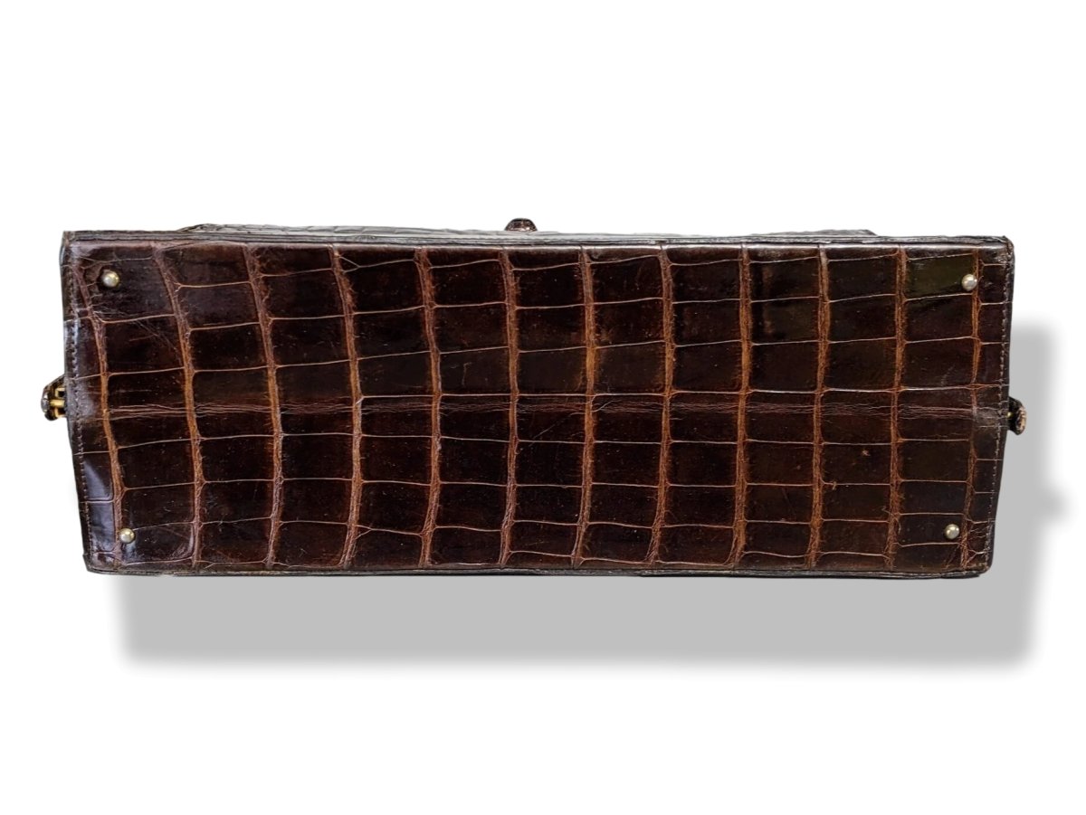 Louise Fontaine 1960s Chocolate Crocodile Big Retro Mallette Doctor Bag 34 with Key, Superb! - poupishop