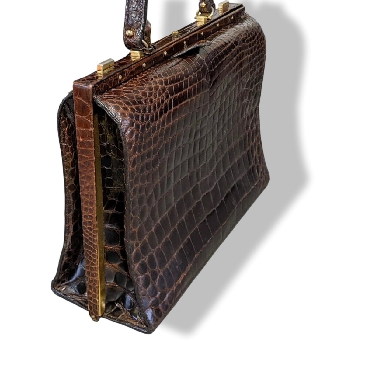 Louise Fontaine 1960s Chocolate Crocodile Big Retro Mallette Doctor Bag 34 with Key, Superb! - poupishop