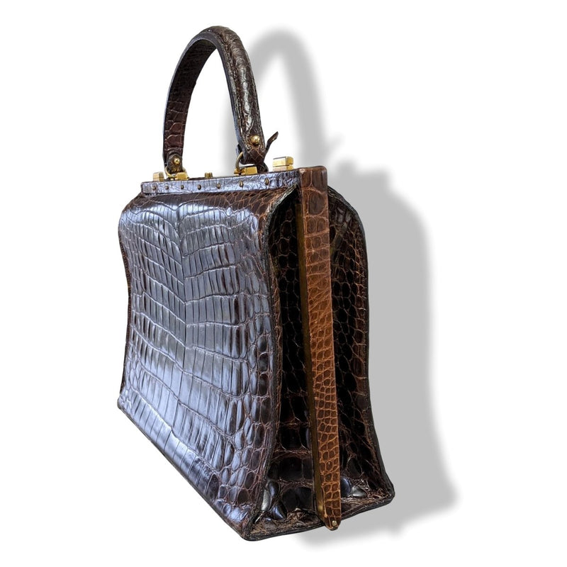 Louise Fontaine 1960s Chocolate Crocodile Big Retro Mallette Doctor Bag 34 with Key, Superb! - poupishop