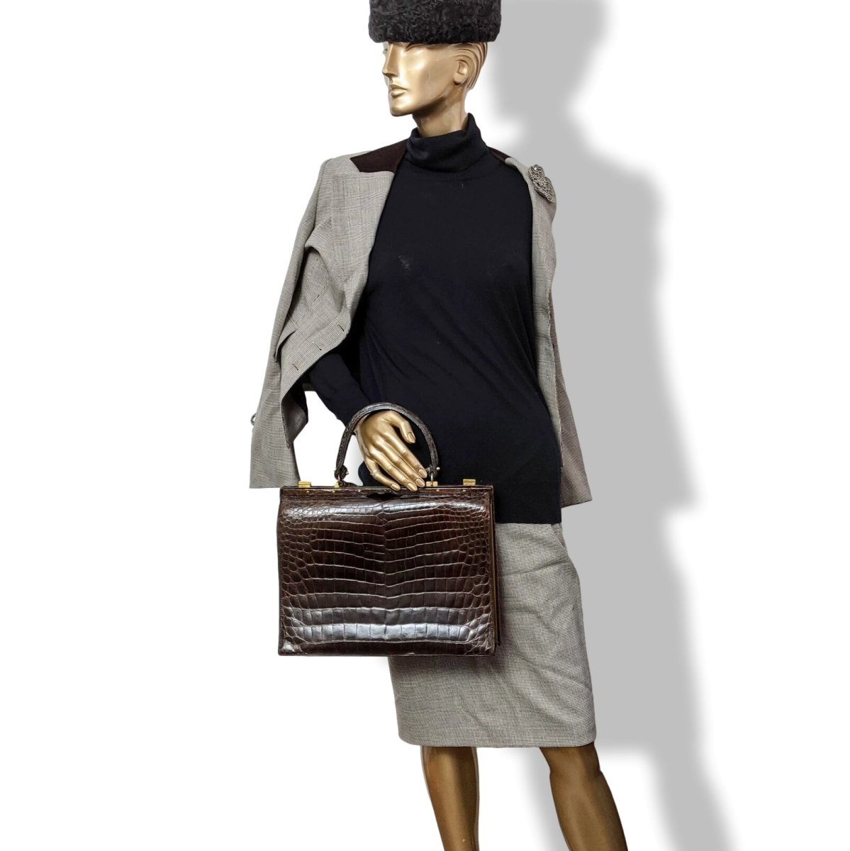 Louise Fontaine 1960s Chocolate Crocodile Big Retro Mallette Doctor Bag 34 with Key, Superb! - poupishop