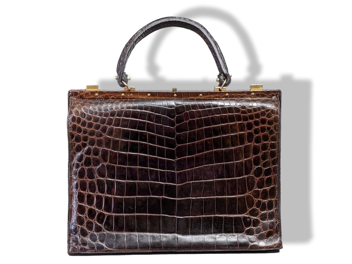 Louise Fontaine 1960s Chocolate Crocodile Big Retro Mallette Doctor Bag 34 with Key, Superb! - poupishop