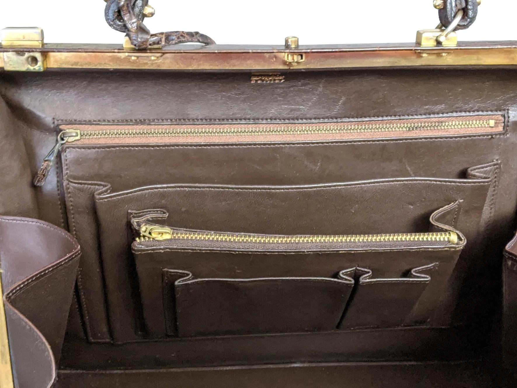 Louise Fontaine 1960s Chocolate Crocodile Big Retro Mallette Doctor Bag 34 with Key, Superb!