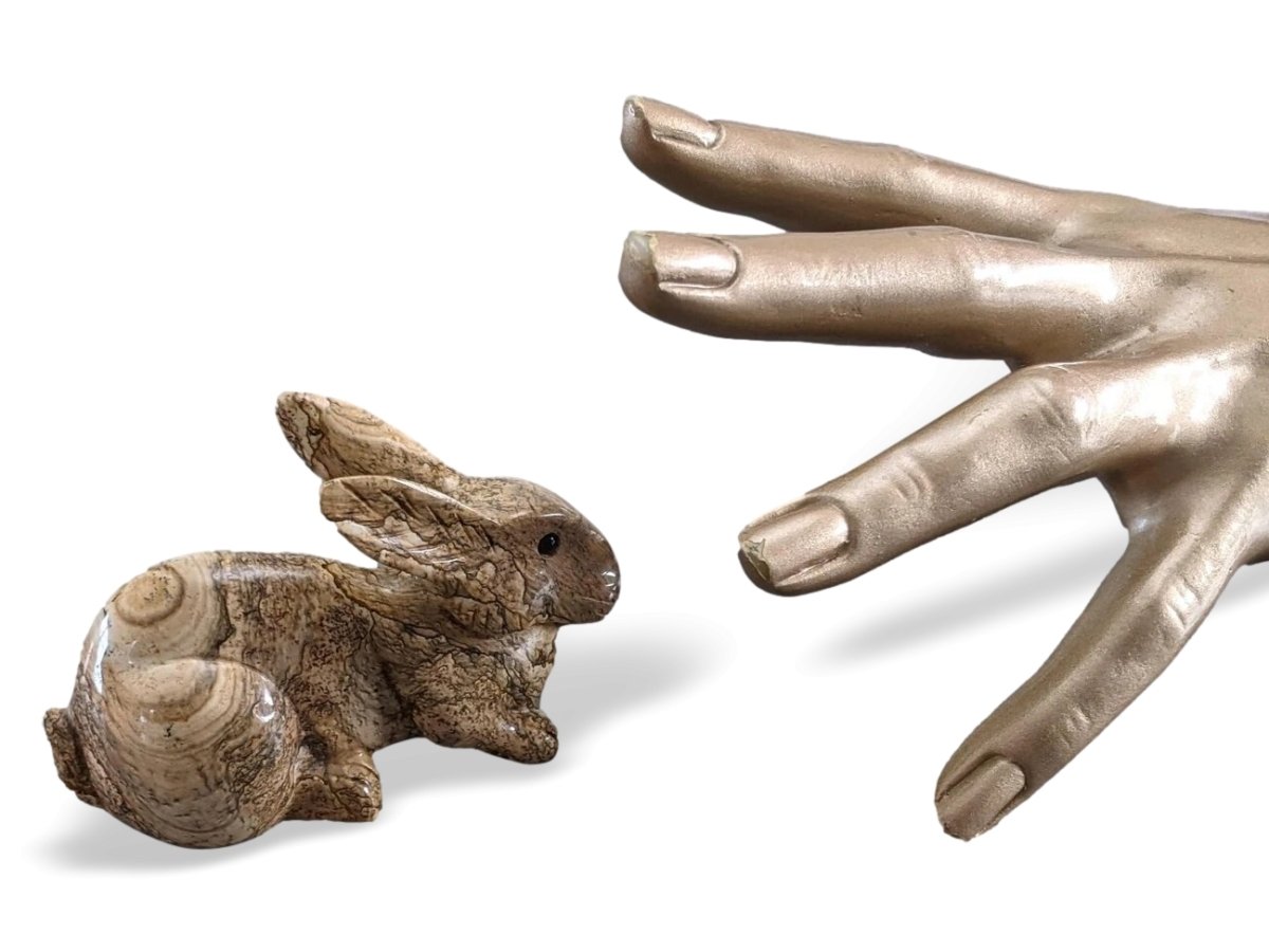 Lovely Natural Stone Small Rabbit with Onyx Eyes Paperweight Presse-Papier, New! - poupishop