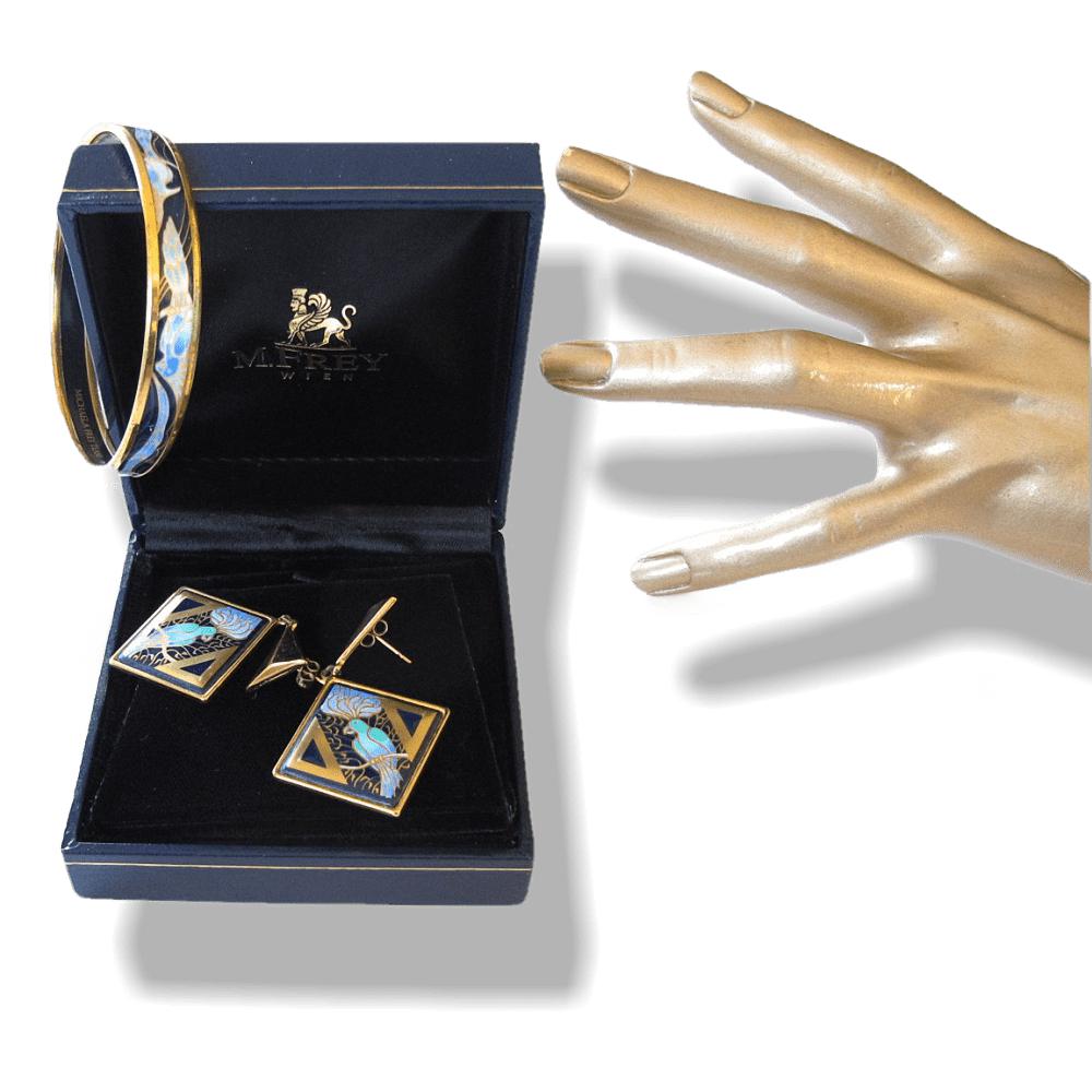 Michaela Frey Team Vintage 80s Parrots Enamel Eearrings Bangle Set, Box! - poupishop