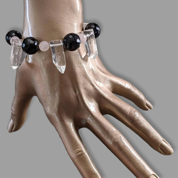 Onyx/Rosenquarz/Rock Crystal Natural Stone Elasticated Bracelet, NWT!