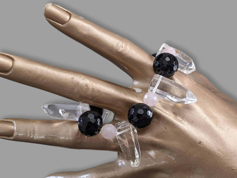 Onyx/Rosenquarz/Rock Crystal Natural Stone Elasticated Bracelet, NWT! - poupishop