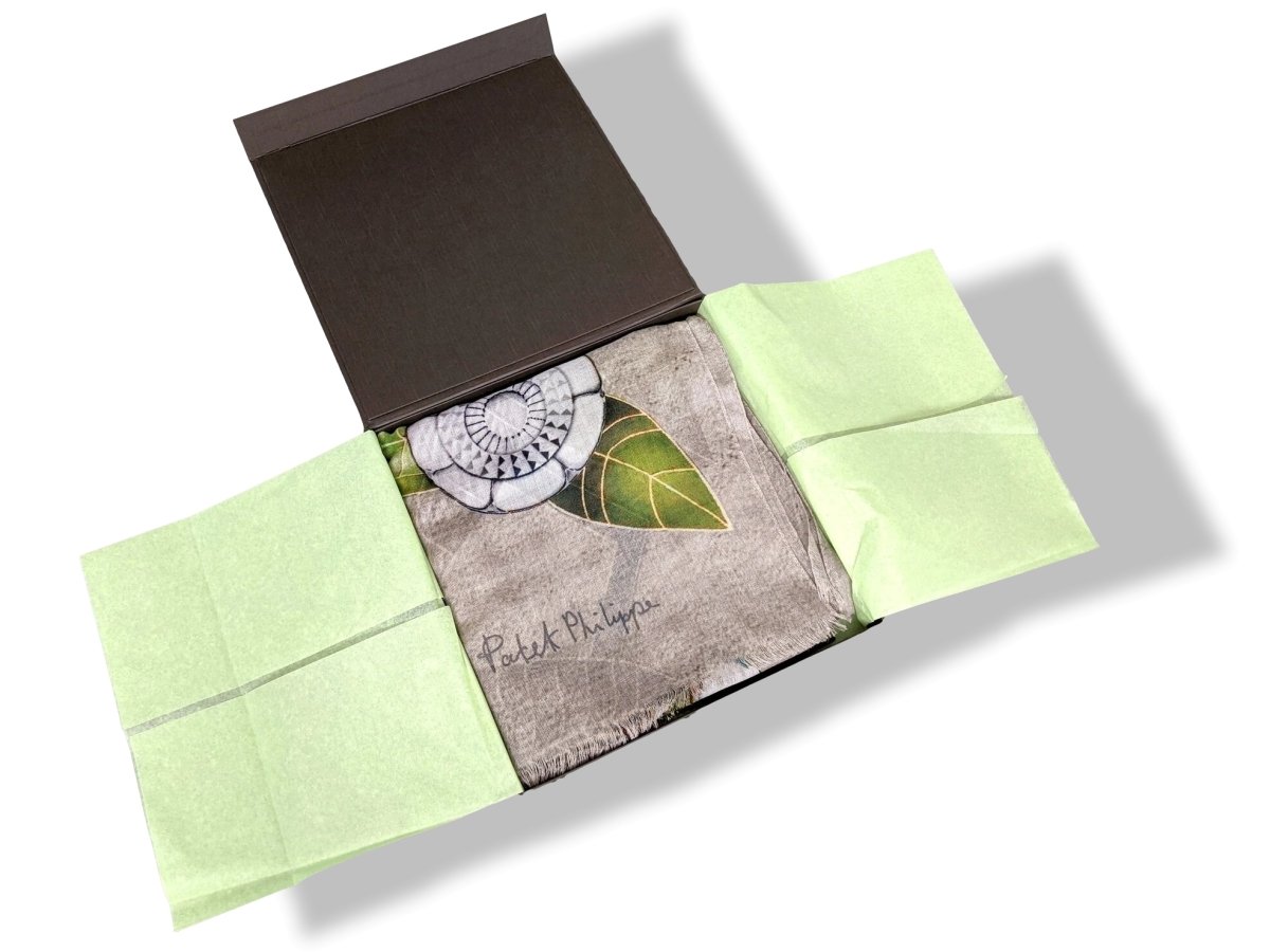 Patek Philippe 2020 Grey/Green/White Passiflores 100% Woven Cashmere Huge Fringed Stole, BNIB! - poupishop