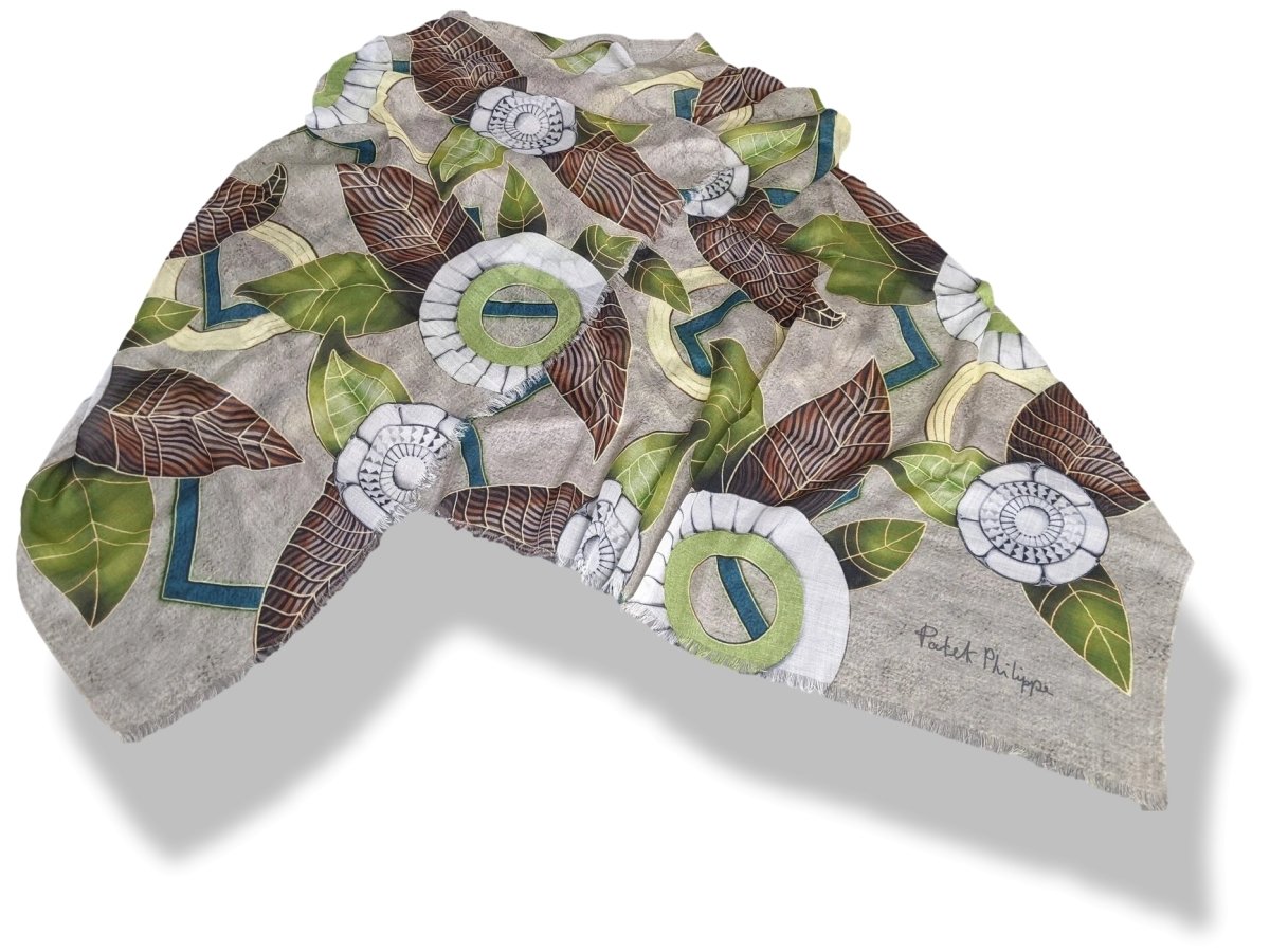Patek Philippe 2020 Grey/Green/White Passiflores 100% Woven Cashmere Huge Fringed Stole, BNIB! - poupishop