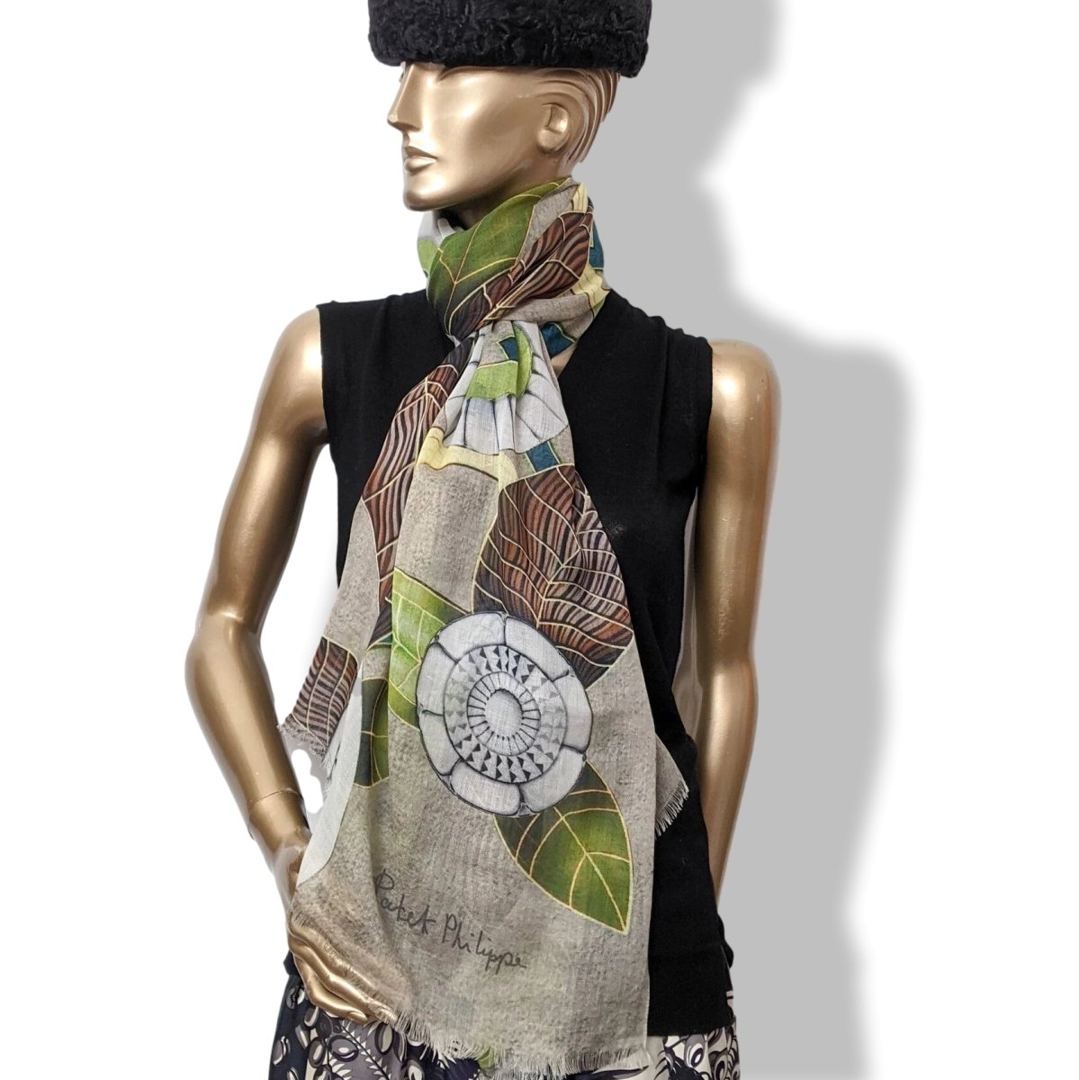 Patek Philippe 2020 Grey/Green/White Passiflores 100% Woven Cashmere Huge Fringed Stole, BNIB! - poupishop