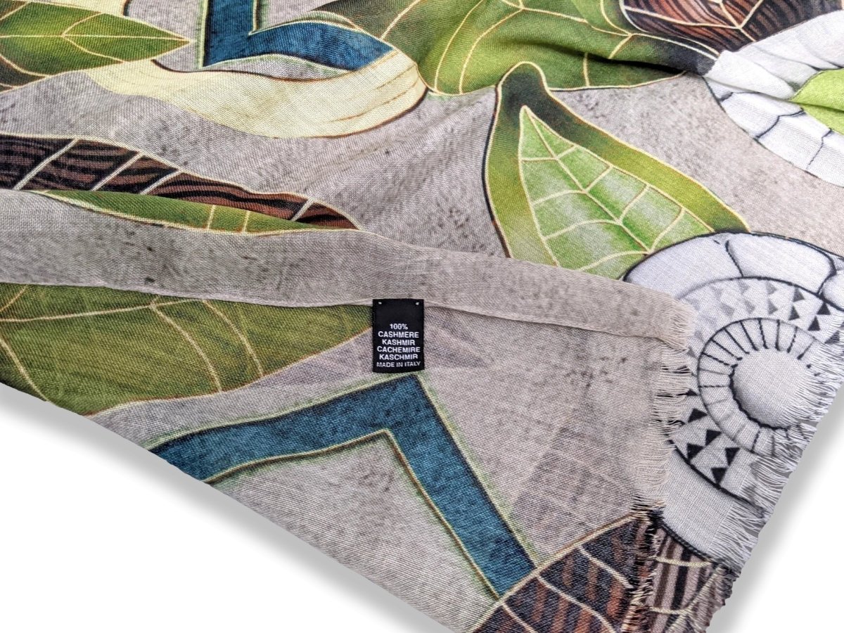 Patek Philippe 2020 Grey/Green/White Passiflores 100% Woven Cashmere Huge Fringed Stole, BNIB! - poupishop