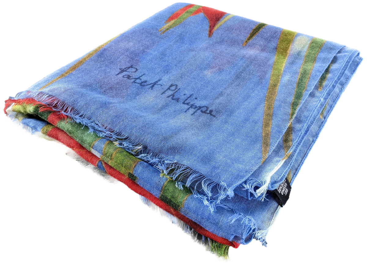 Patek Philippe 2018 Limited Bleu/Rouge/Vert "Heliconia" Flowers 100% Woven Cashmere Huge Fringed Stole