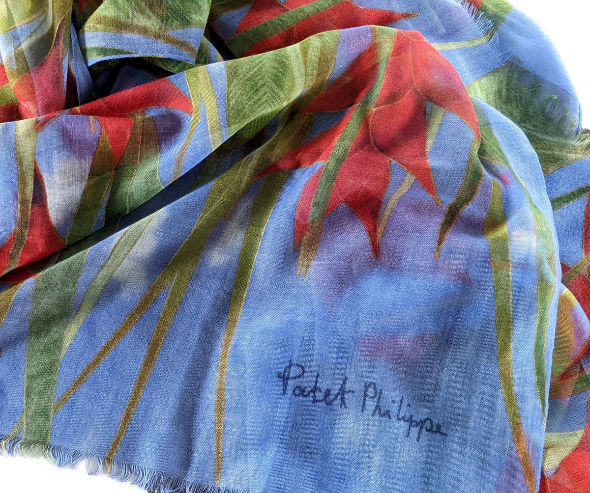 Patek Philippe 2018 Limited Bleu/Rouge/Vert "Heliconia" Flowers 100% Woven Cashmere Huge Fringed Stole