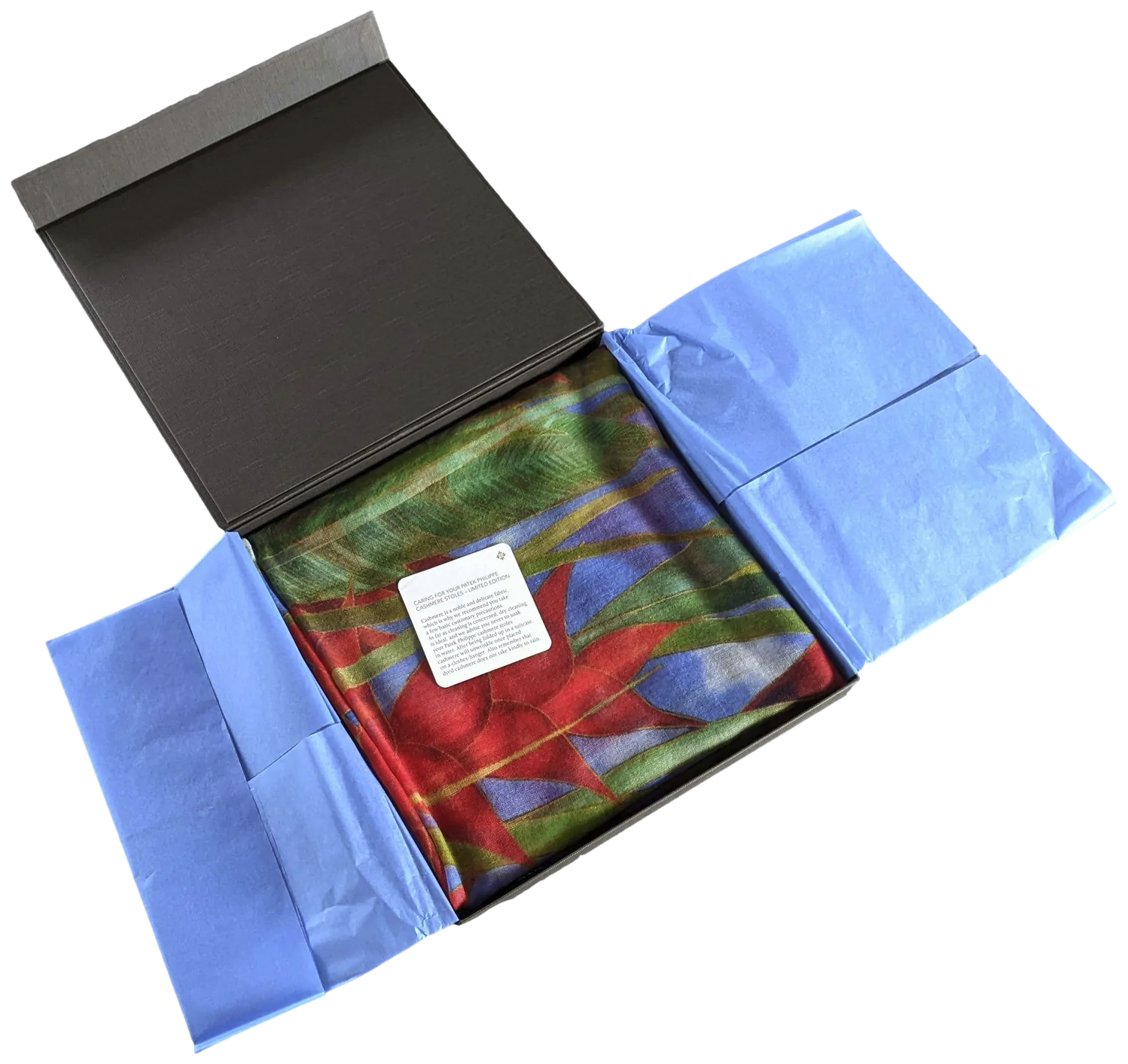 Patek Philippe 2018 Limited Bleu/Rouge/Vert "Heliconia" Flowers 100% Woven Cashmere Huge Fringed Stole