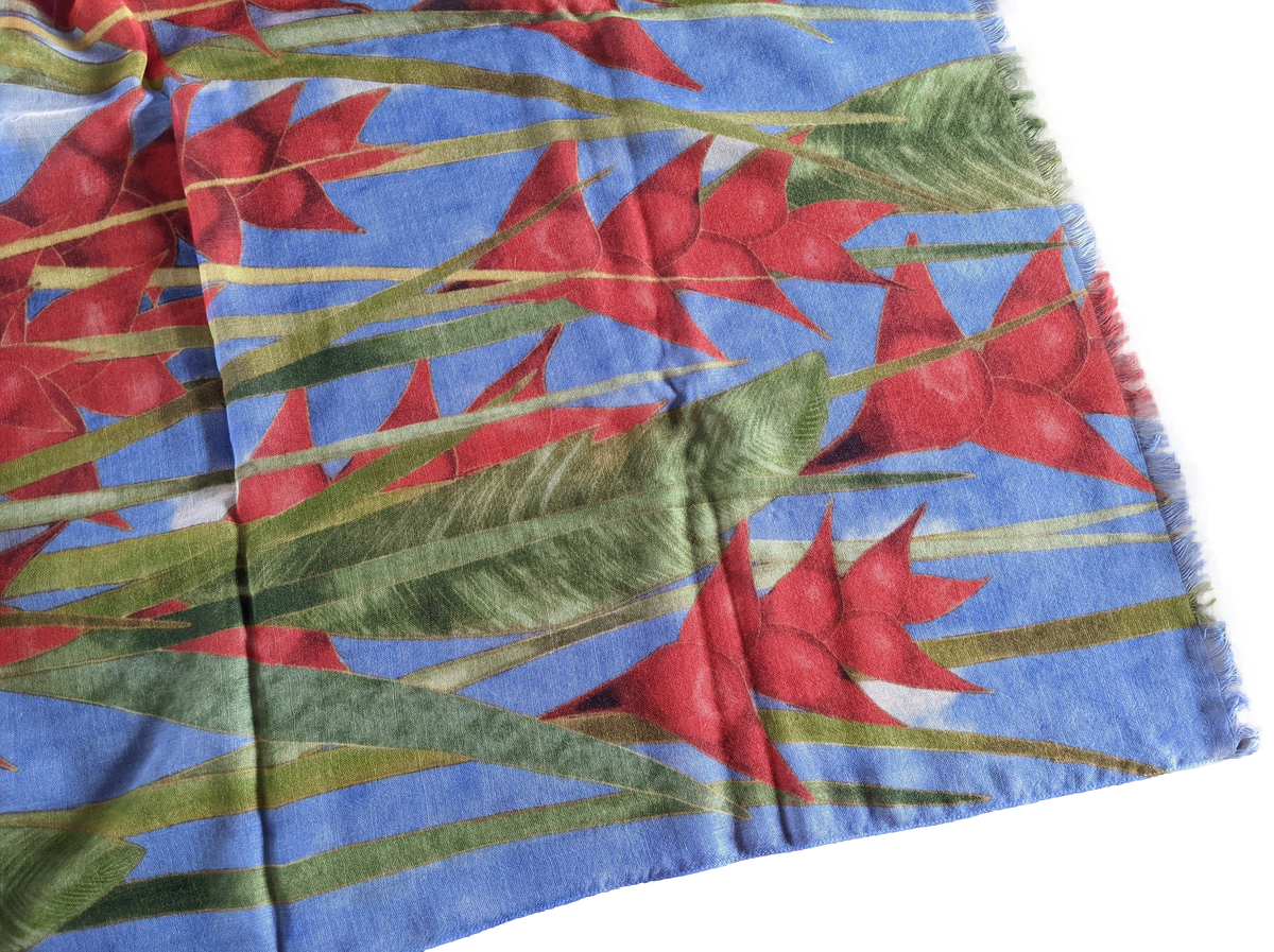 Patek Philippe 2018 Limited Bleu/Rouge/Vert "Heliconia" Flowers 100% Woven Cashmere Huge Fringed Stole