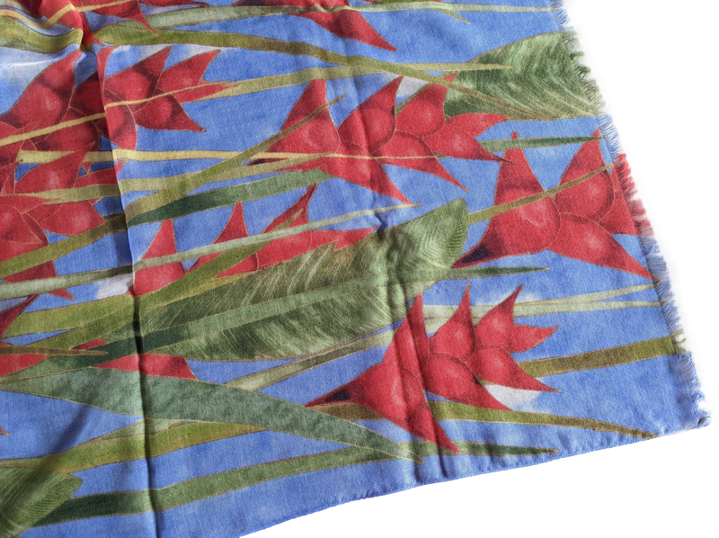 Patek Philippe 2018 Limited Bleu/Rouge/Vert "Heliconia" Flowers 100% Woven Cashmere Huge Fringed Stole
