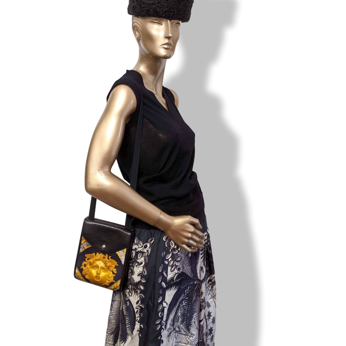 Pierangelo Masciadri Black/Gold Silk Leather Crossbody Pochette Bag Double Flaps, New! - poupishop