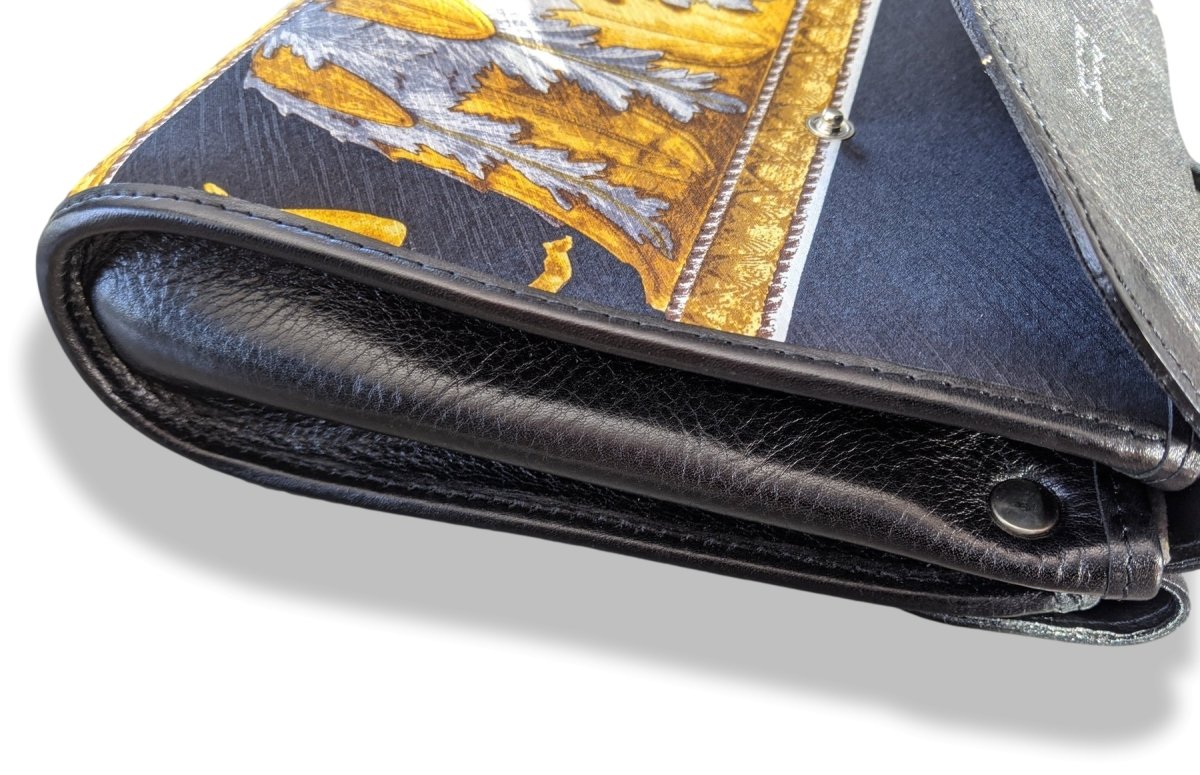 Pierangelo Masciadri Black/Gold Silk Leather Crossbody Pochette Bag Double Flaps, New! - poupishop