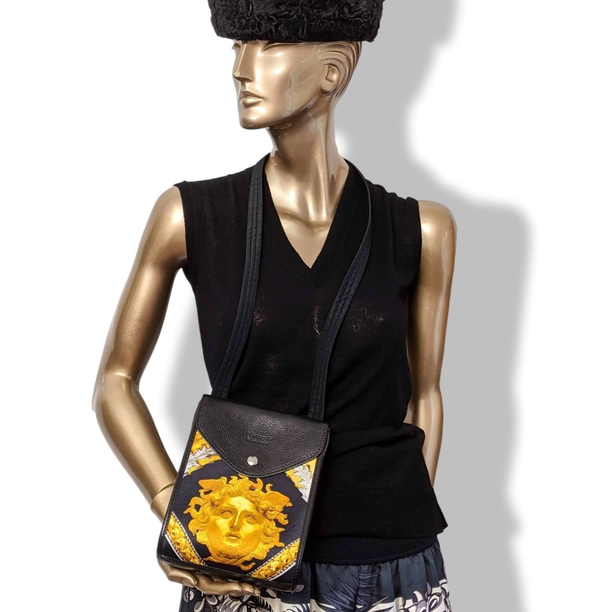 Pierangelo Masciadri Black/Gold Silk Leather Crossbody Pochette Bag Double Flaps, New! - poupishop