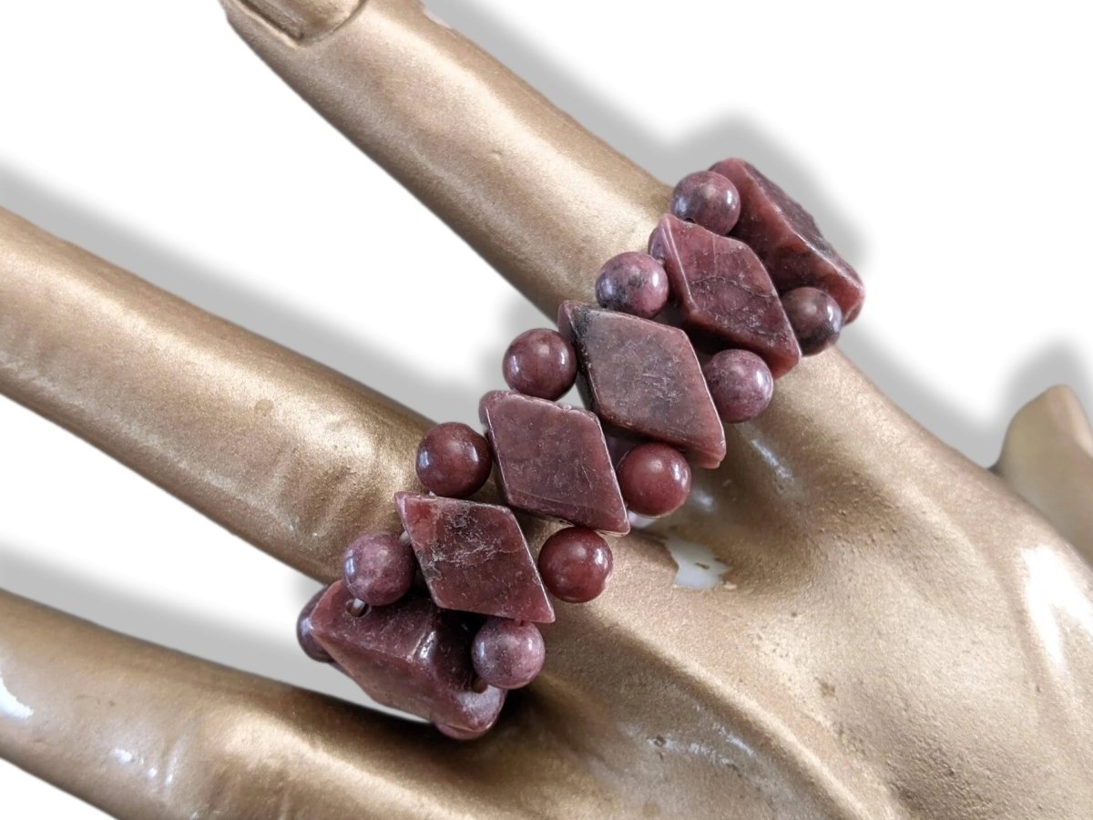 Rhodonite Dark Rose Anti Stress Natural Stone Manchette Bracelet Wide, NWT! - poupishop
