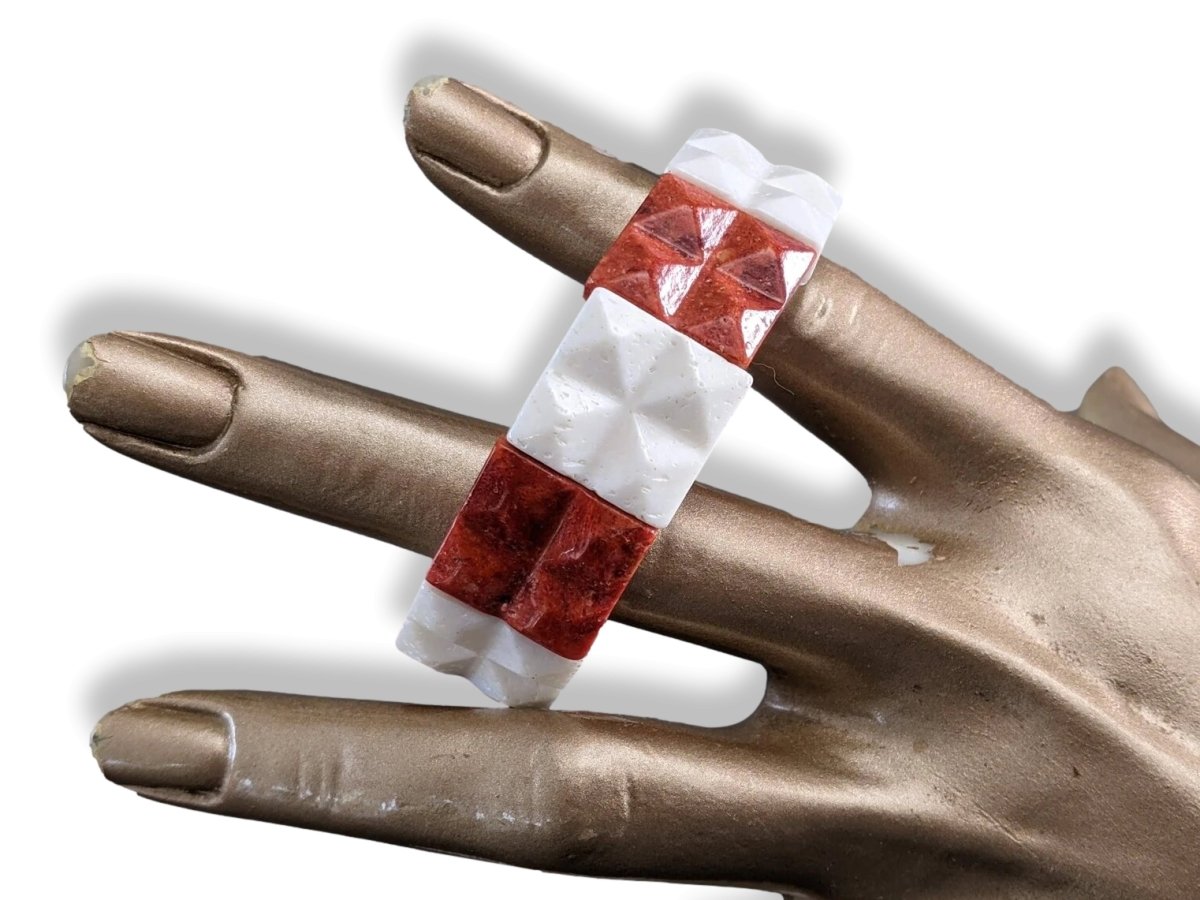 SK A532 Gems White/Brick Red Natural Stone Manchette Bracelet Wide, NWT! - poupishop