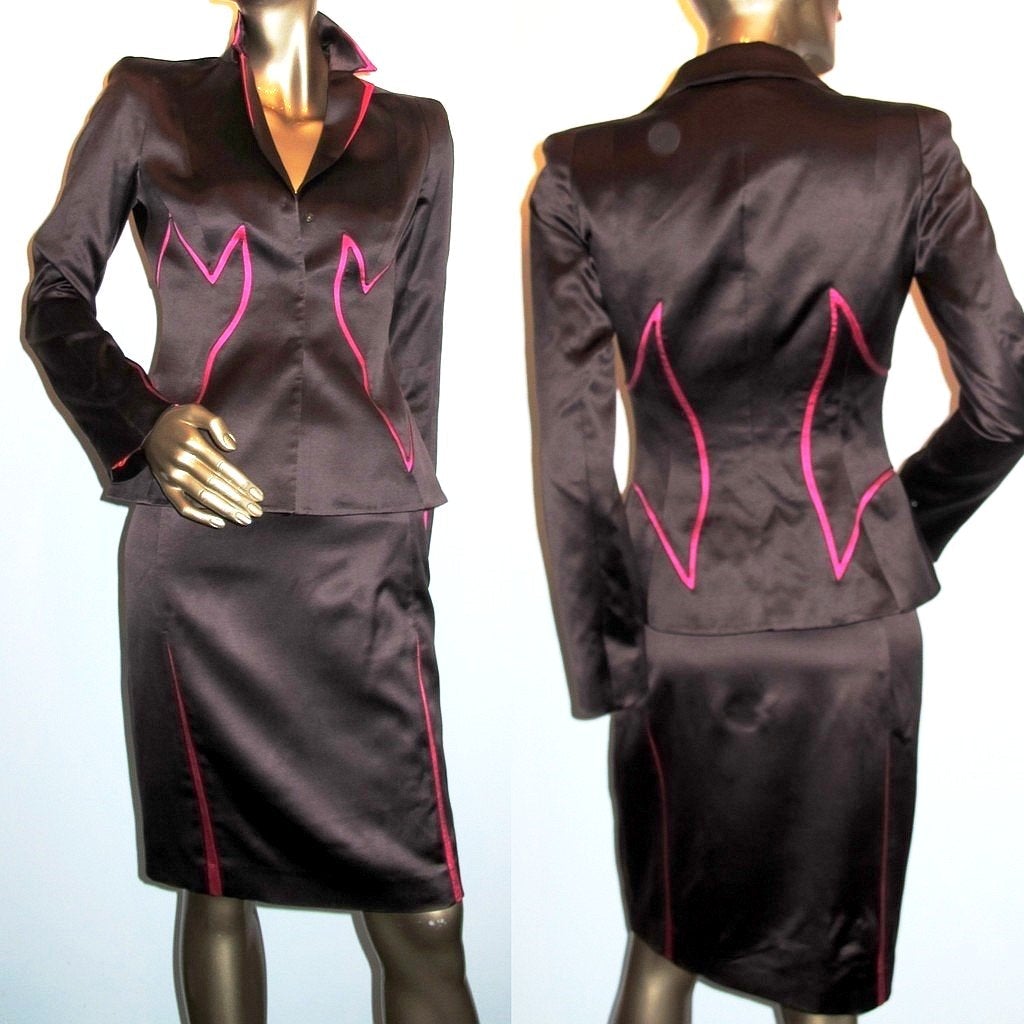 Thierry Mugler Couture 1980s Ebene/Geranium Satin Skirt Suit 2pc Sz40 - poupishop