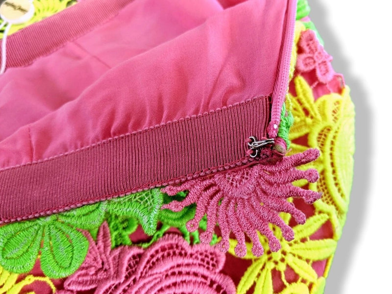 Valentino Yellow/Pink/Green Fluo Crochet Flowers Lined Skirt Sz 42, BNWT! - poupishop