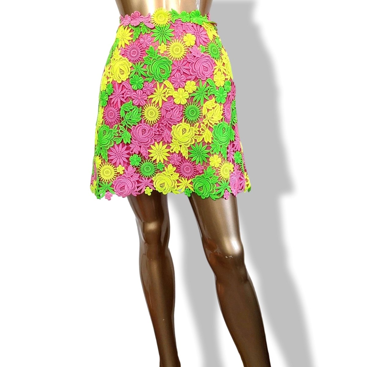 Valentino Yellow/Pink/Green Fluo Crochet Flowers Lined Skirt Sz 42, BNWT! - poupishop