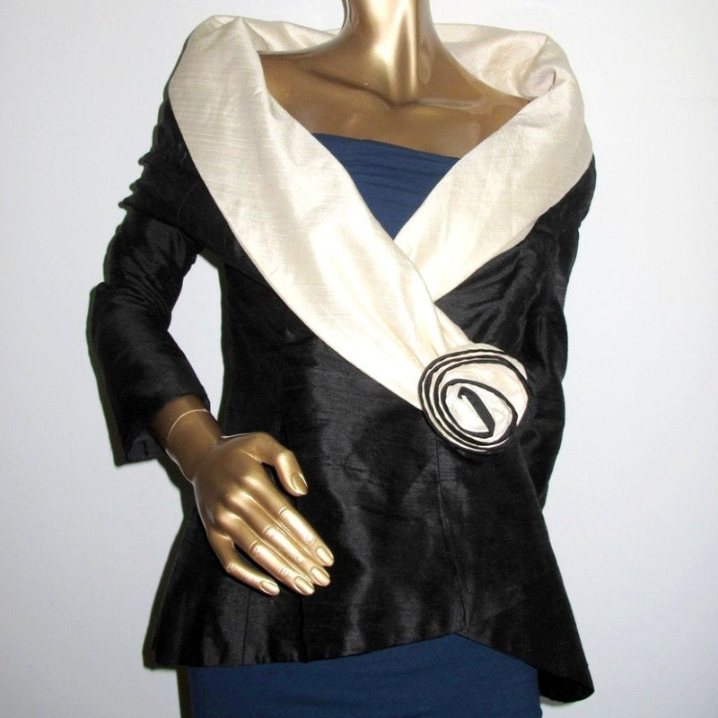 Yves Saint Laurent 1980s B/W Couture Shantung Silk Jacket with Col Châle, Sz40 - poupishop