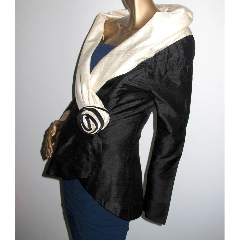 Yves Saint Laurent 1980s B/W Couture Shantung Silk Jacket with Col Châle, Sz40 - poupishop