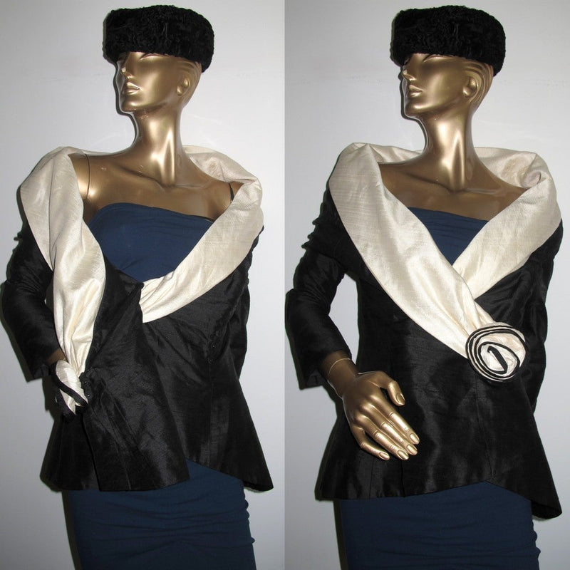 Yves Saint Laurent 1980s B/W Couture Shantung Silk Jacket with Col Châle, Sz40 - poupishop