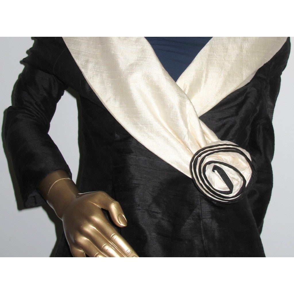 Yves Saint Laurent 1980s B/W Couture Shantung Silk Jacket with Col Châle, Sz40 - poupishop