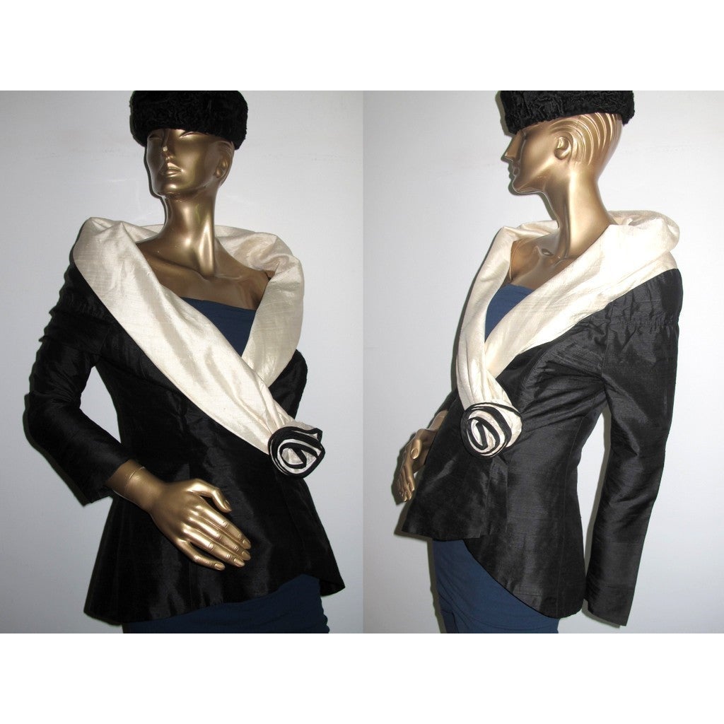Yves Saint Laurent 1980s B/W Couture Shantung Silk Jacket with Col Châle, Sz40 - poupishop