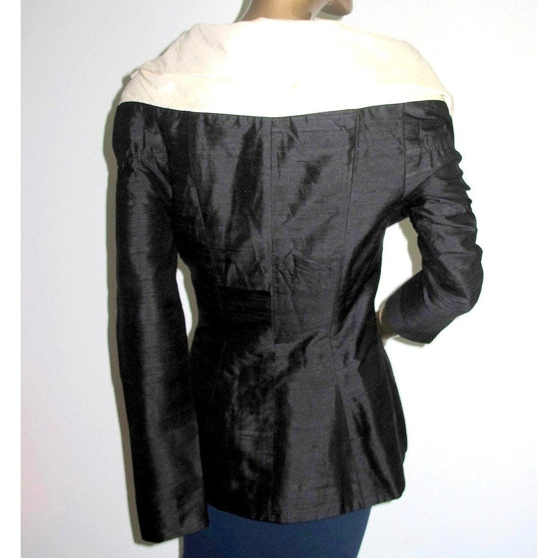 Yves Saint Laurent 1980s B/W Couture Shantung Silk Jacket with Col Châle, Sz40 - poupishop