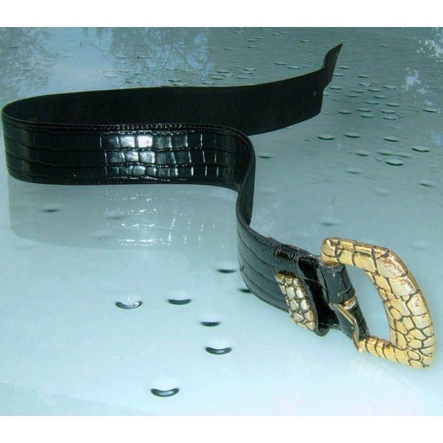 Yves Saint Laurent 80s Black Leather/Croco Design Belt Sz75 - poupishop