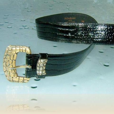 Yves Saint Laurent 80s Black Leather/Croco Design Belt Sz75 - poupishop