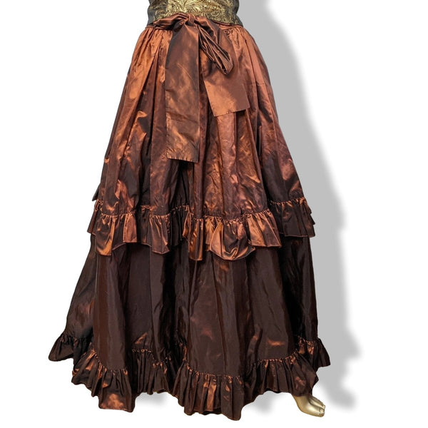 Yves Saint Laurent Rive Gauche Copper Brown Satin of Silk Changeante Long Ruffle Skirt, Rare! - poupishop